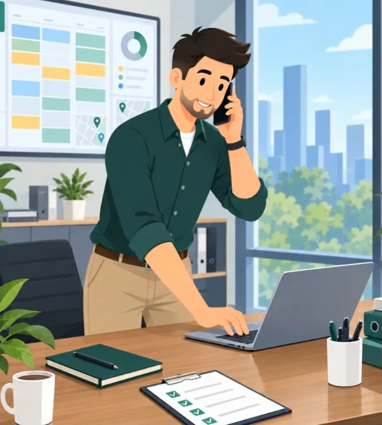 An operations manager on the phone at his desk, coordinating the day's schedule